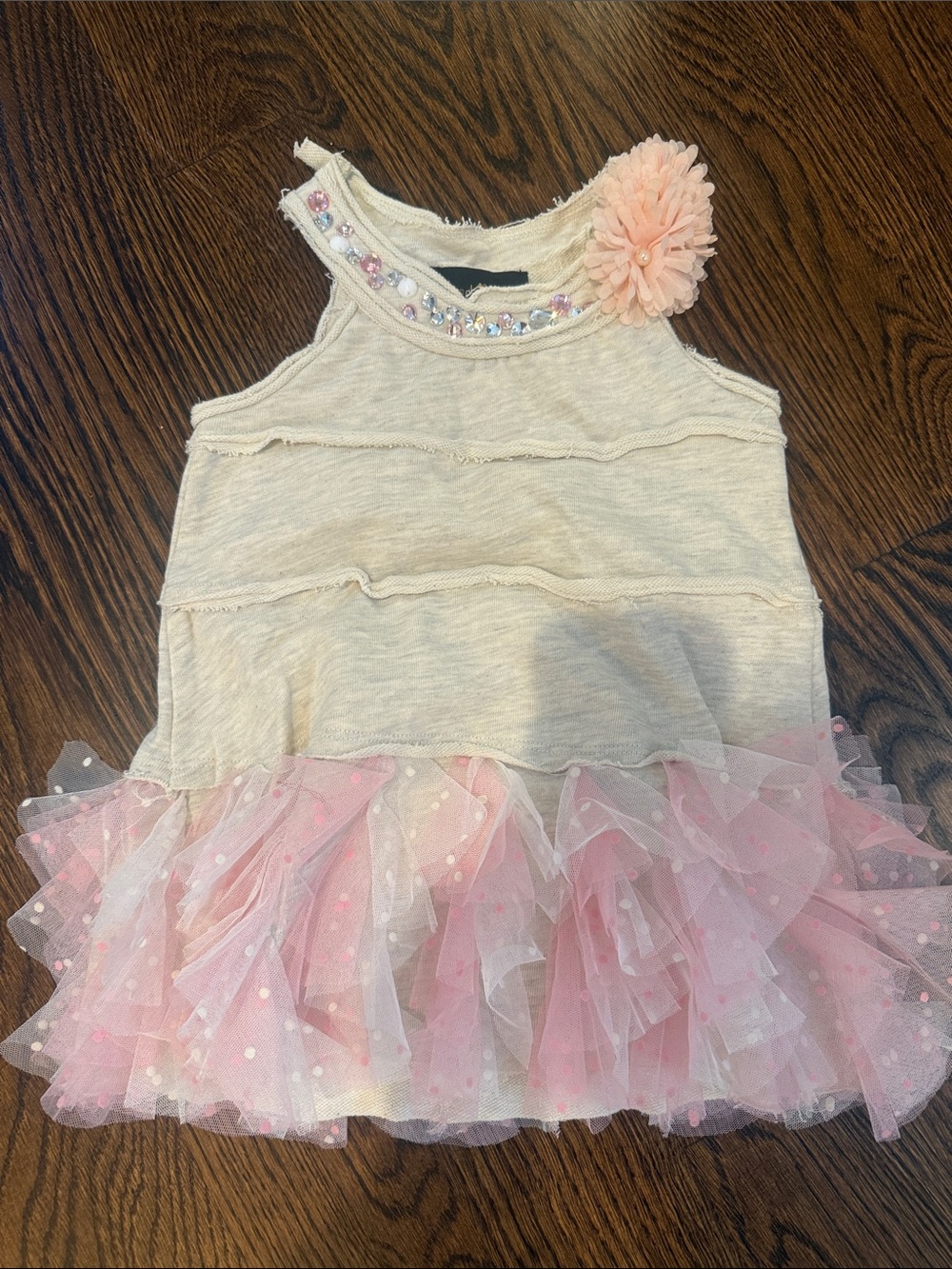 Girls Cream & Pink Tulle Tank Dress with Flower Accent